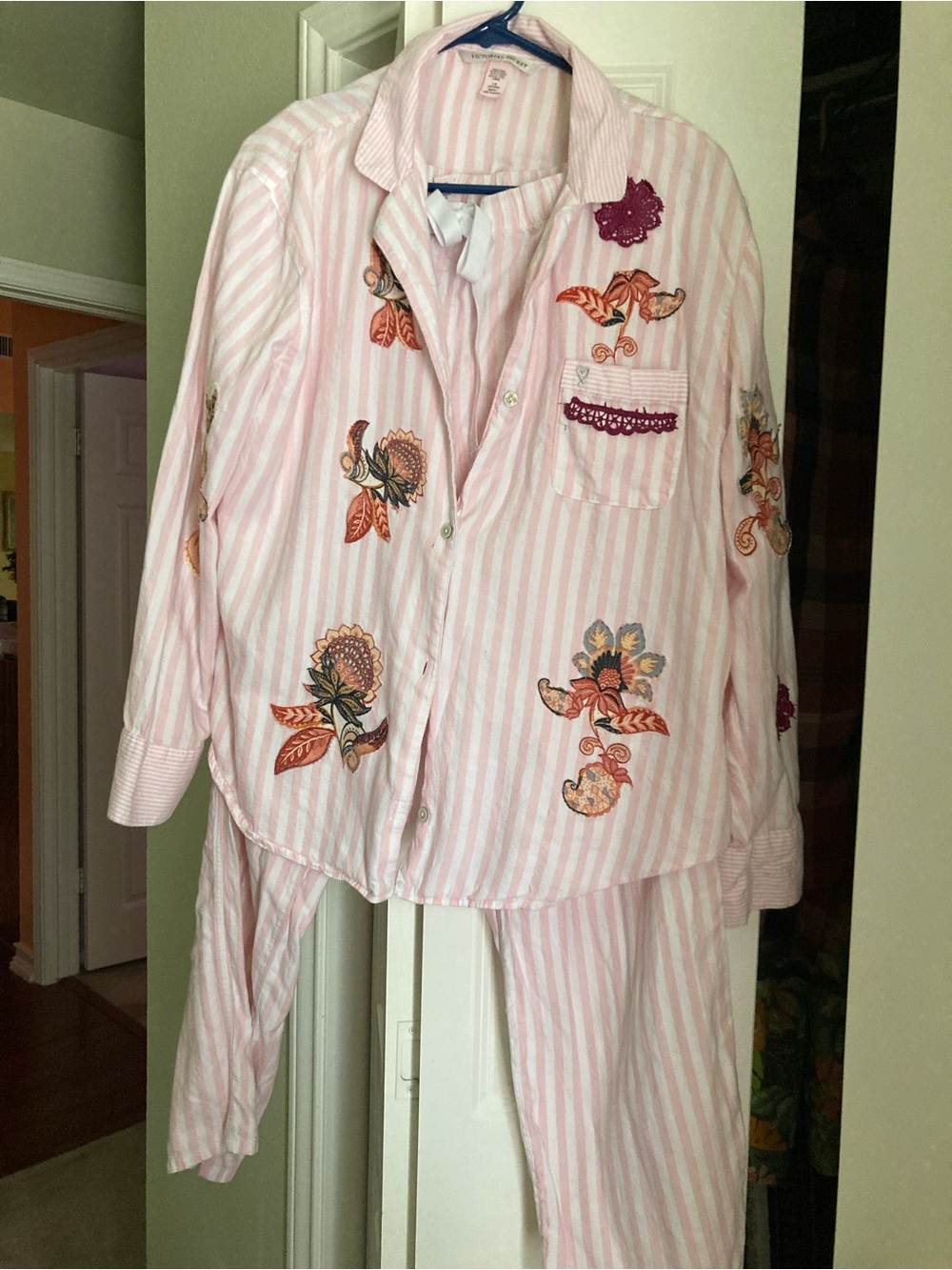 Victoria's Secret Pink Striped Floral-Embroidered  Pajama Set Size Large